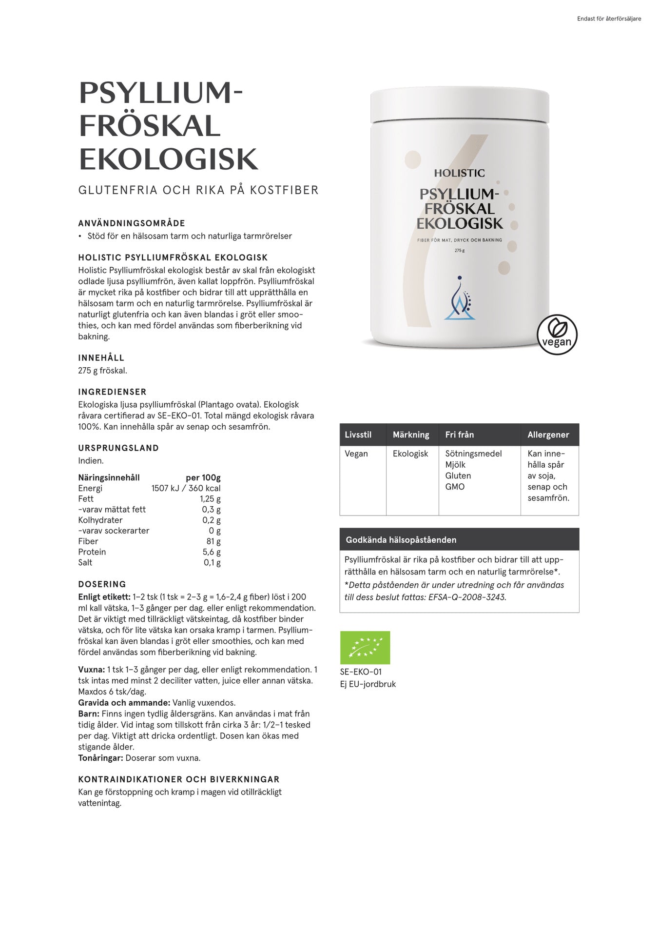 Psylliumfröskal ekologisk, 275 g, Holistic