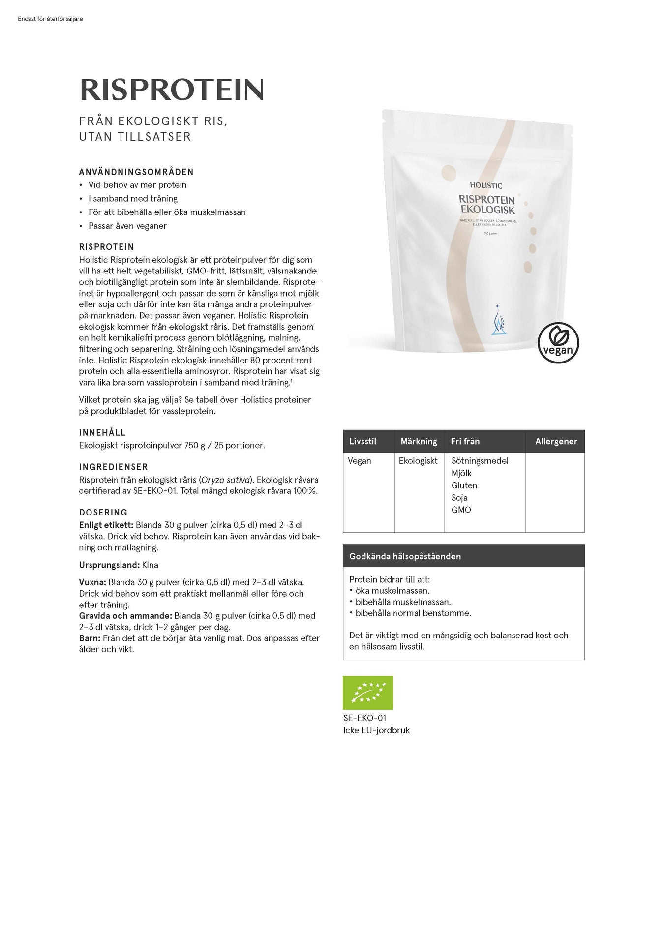 Risprotein ekologisk, 750 g, Holistic