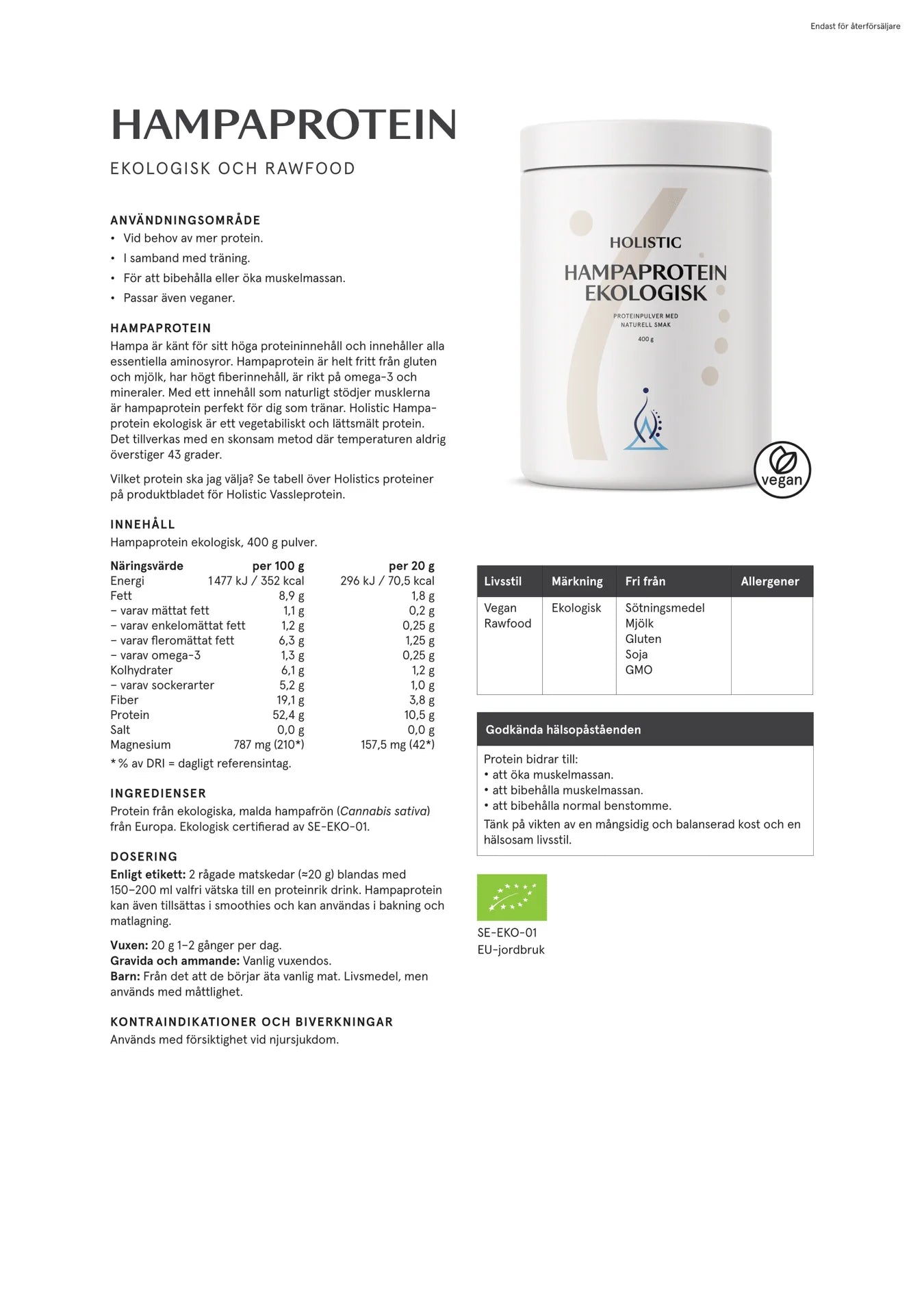 Hampaprotein ekologisk, 400 g, Holistic