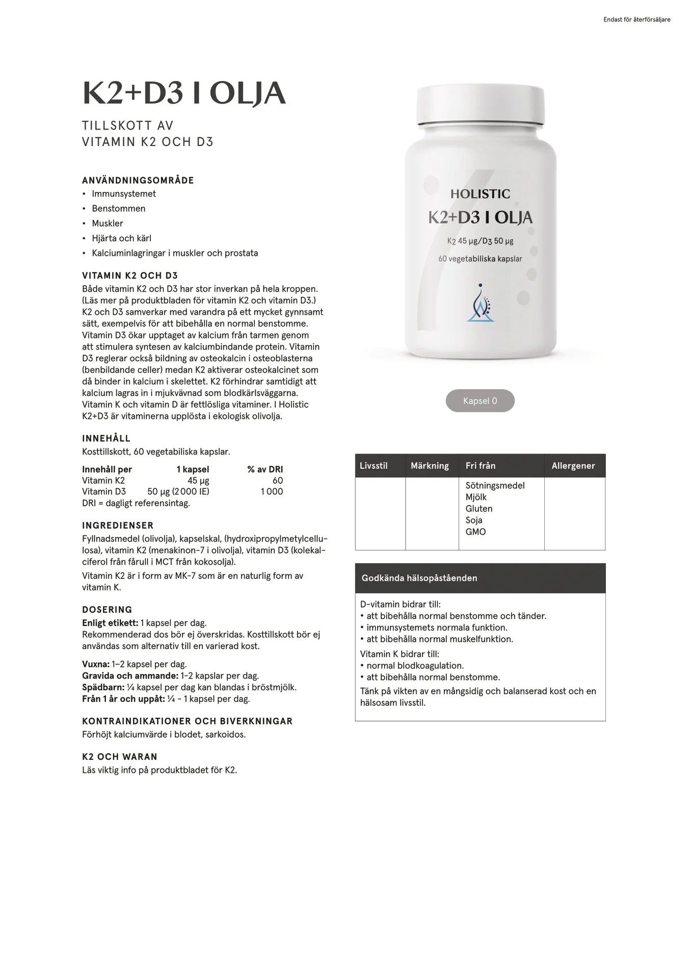 K2+D3 i olja, 60 kapslar, Holistic