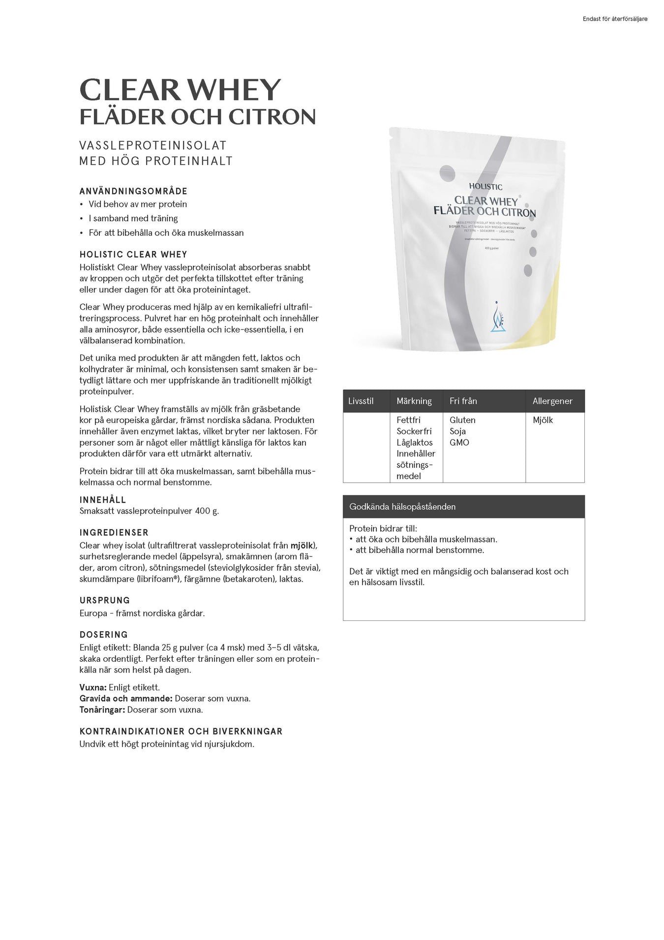Clear Whey vassleproteinisolat fläder och citron, 400g, Holistic