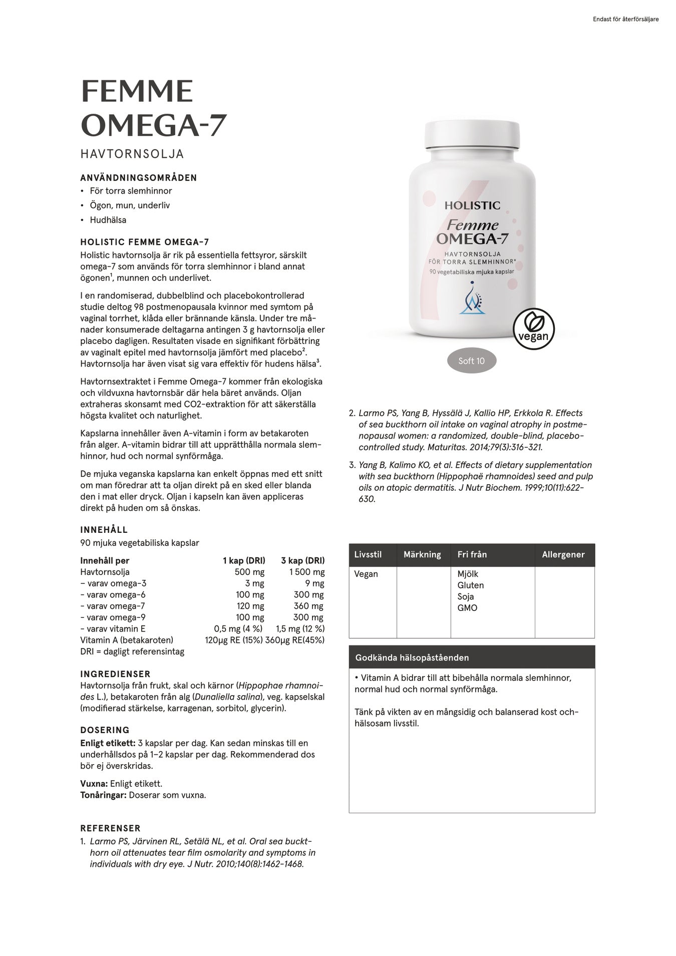 Femme Omega-7 havtornsolja, 90 kapslar, Holistic