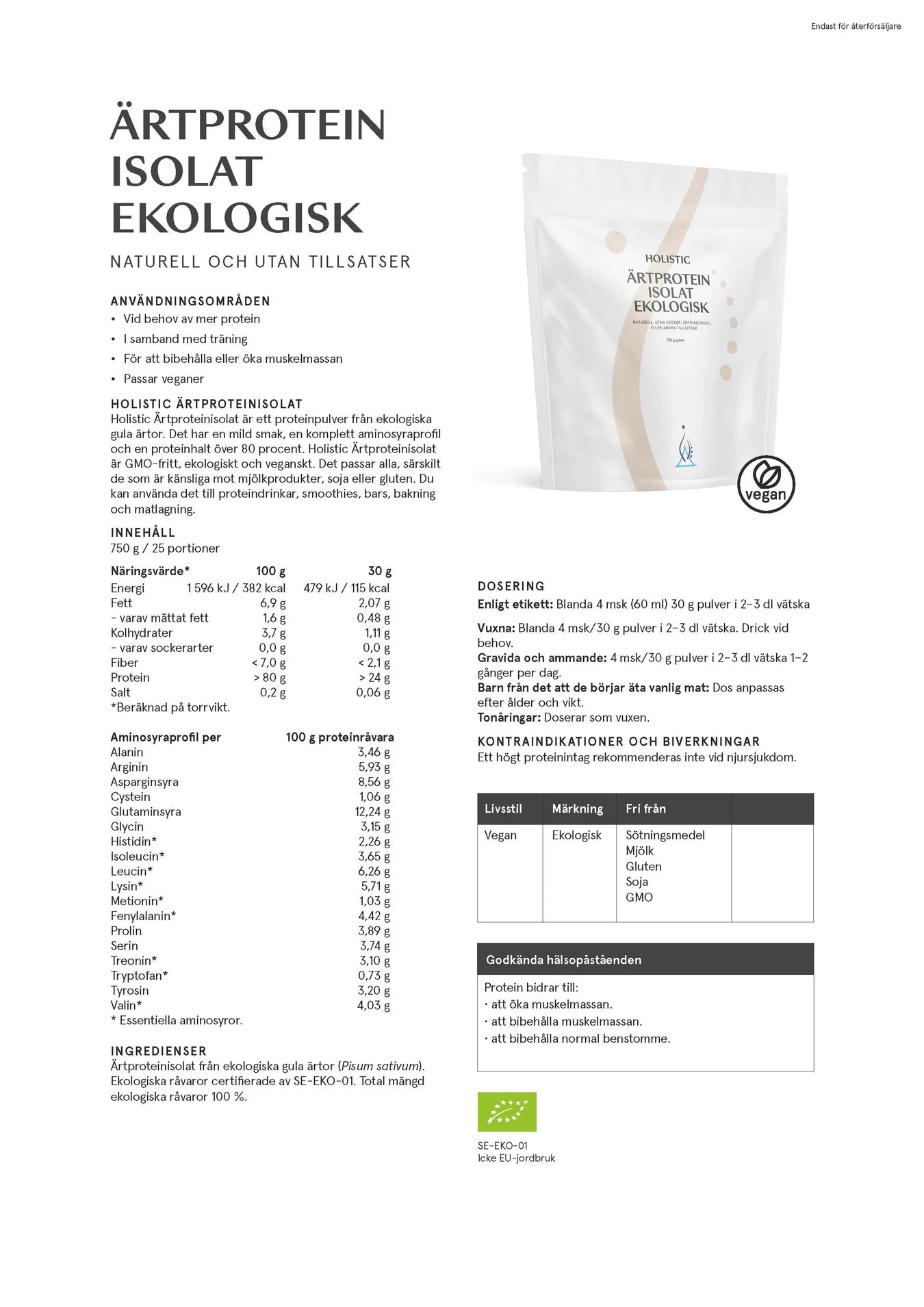Ärtproteinisolat ekologisk, 750 g, Holistic