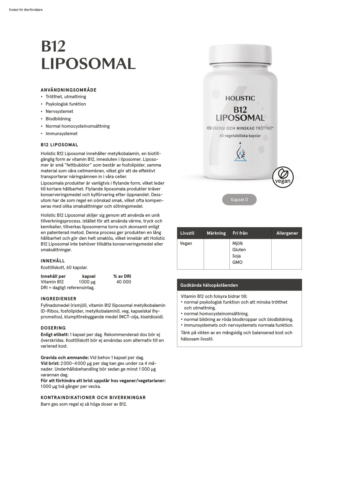 B12 liposomal, 60 kapslar, Holistic