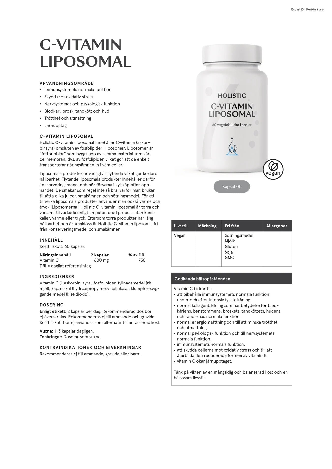C-vitamin liposomal, 60 kapslar, Holistic