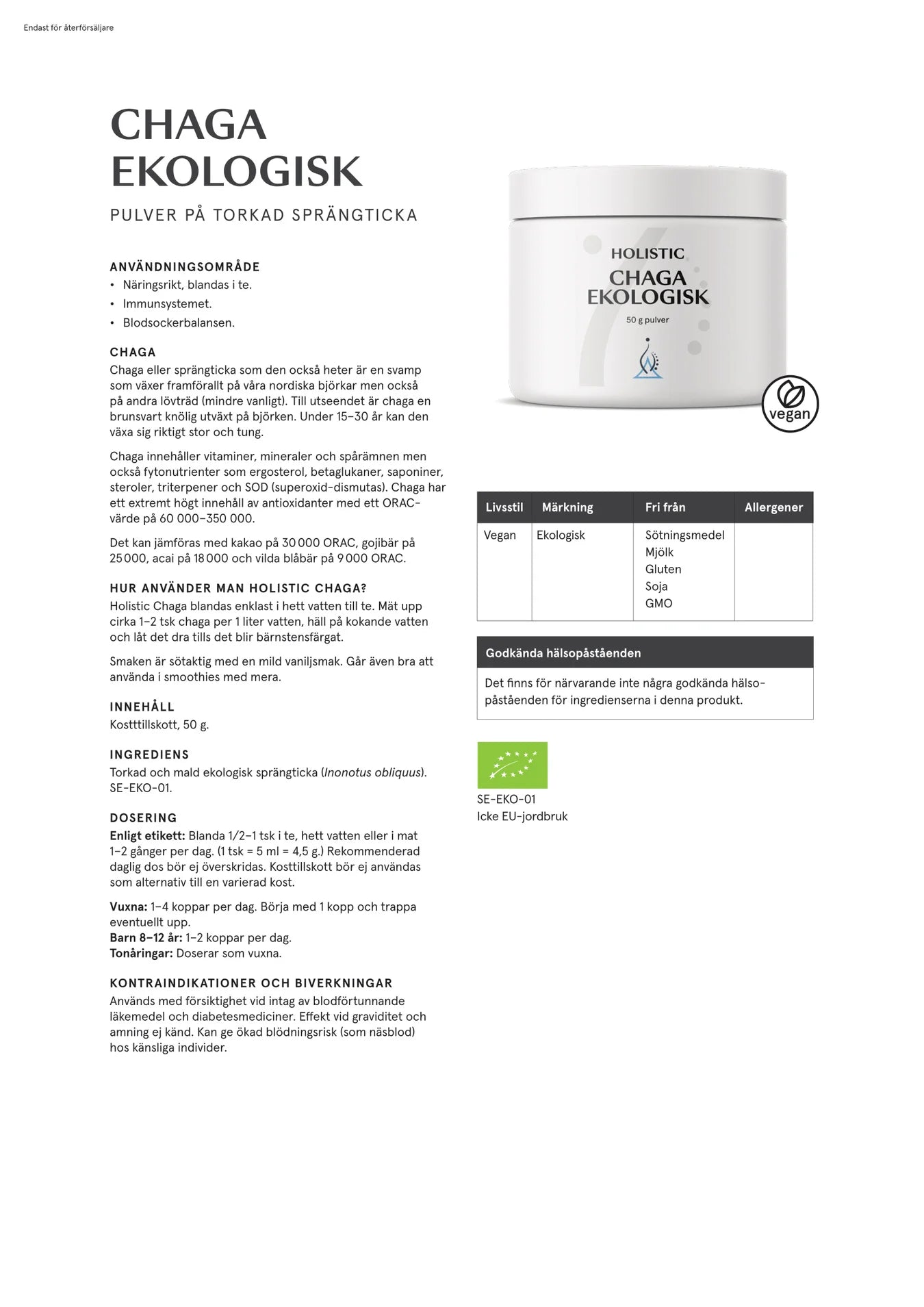 Chaga ekologisk, 50 g, Holistic