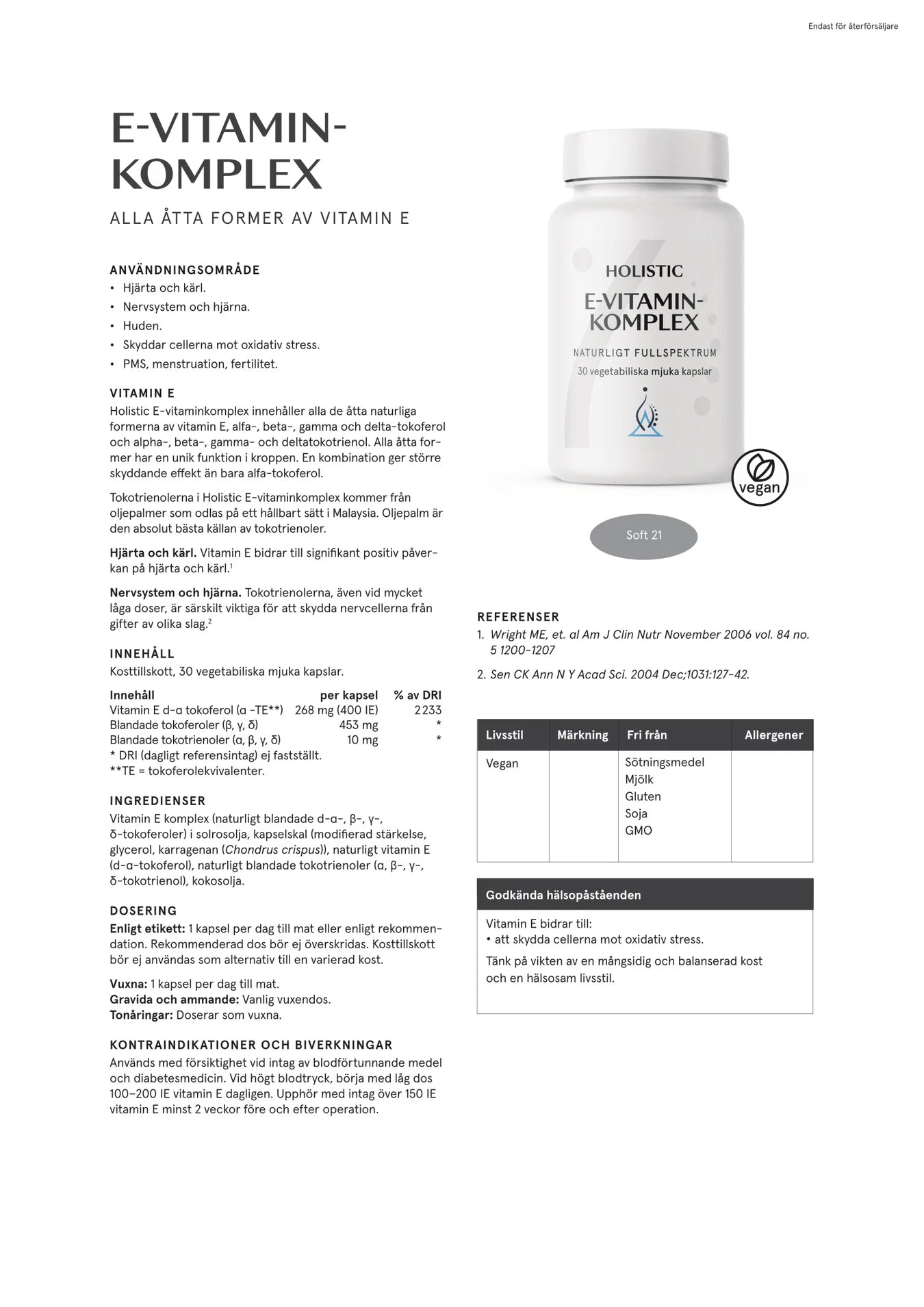 E-vitaminkomplex, 30 kapslar, Holistic