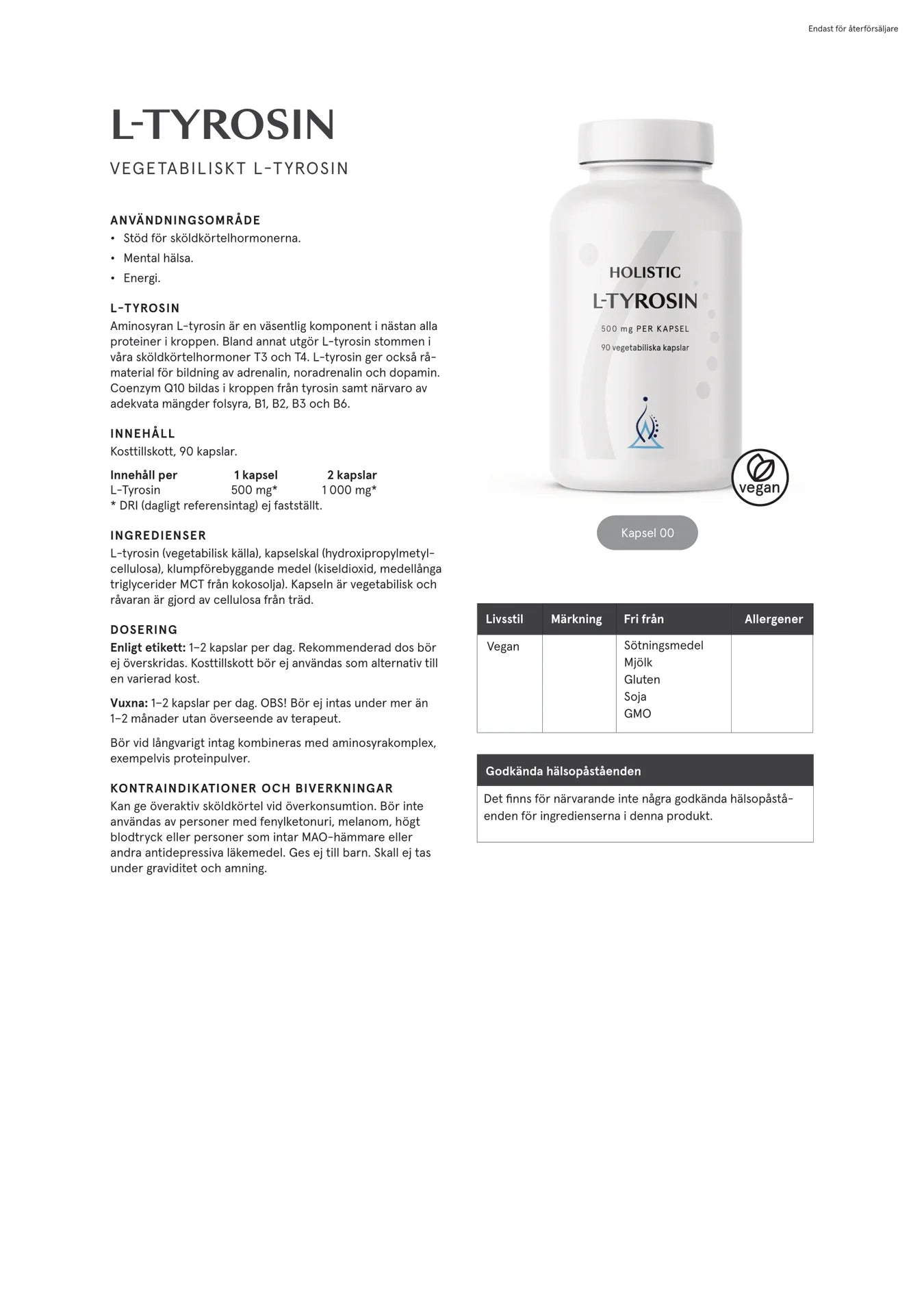 L-tyrosin, 90 kapslar, Holistic