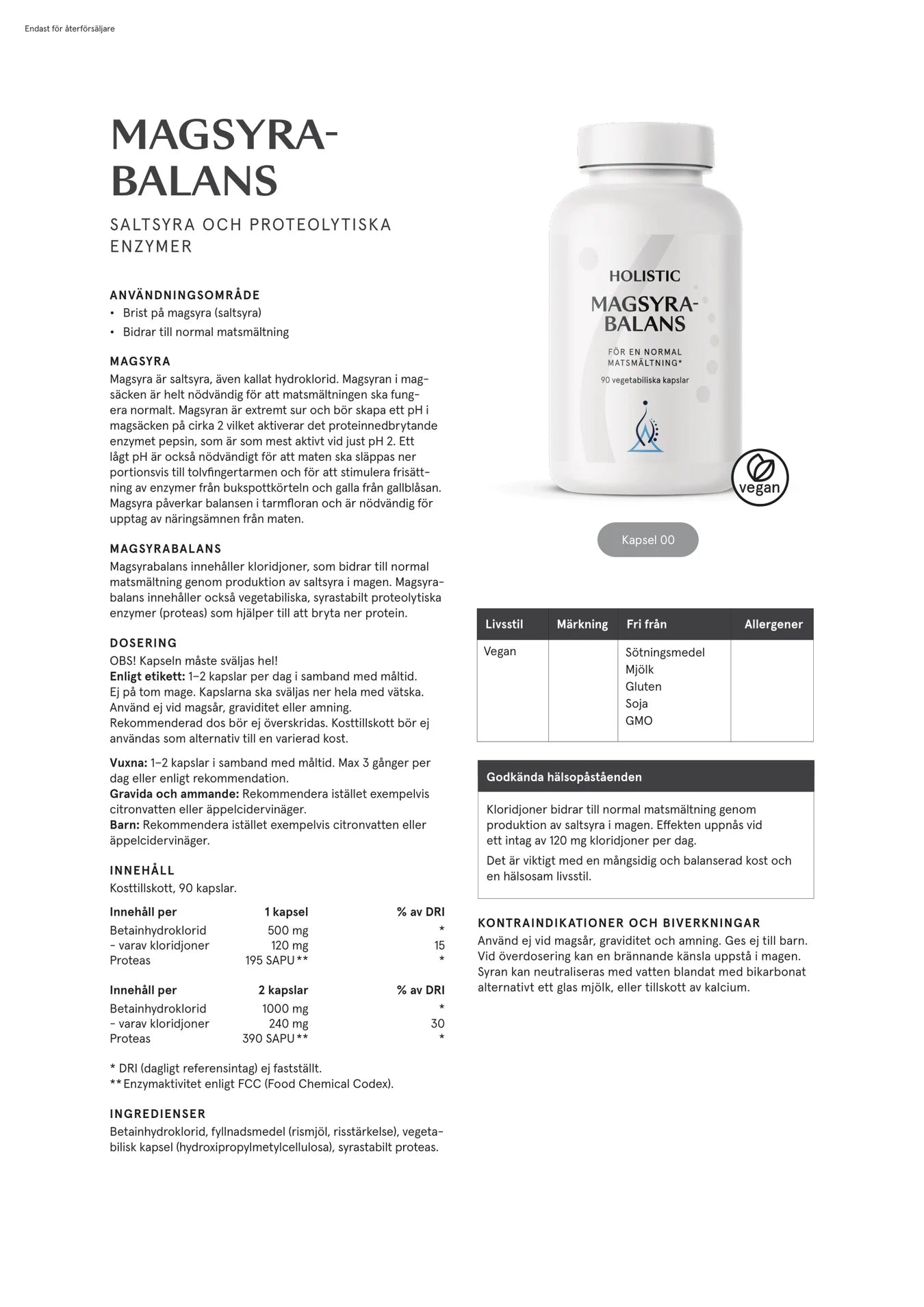 Magsyrabalans, 90 kapslar, Holistic