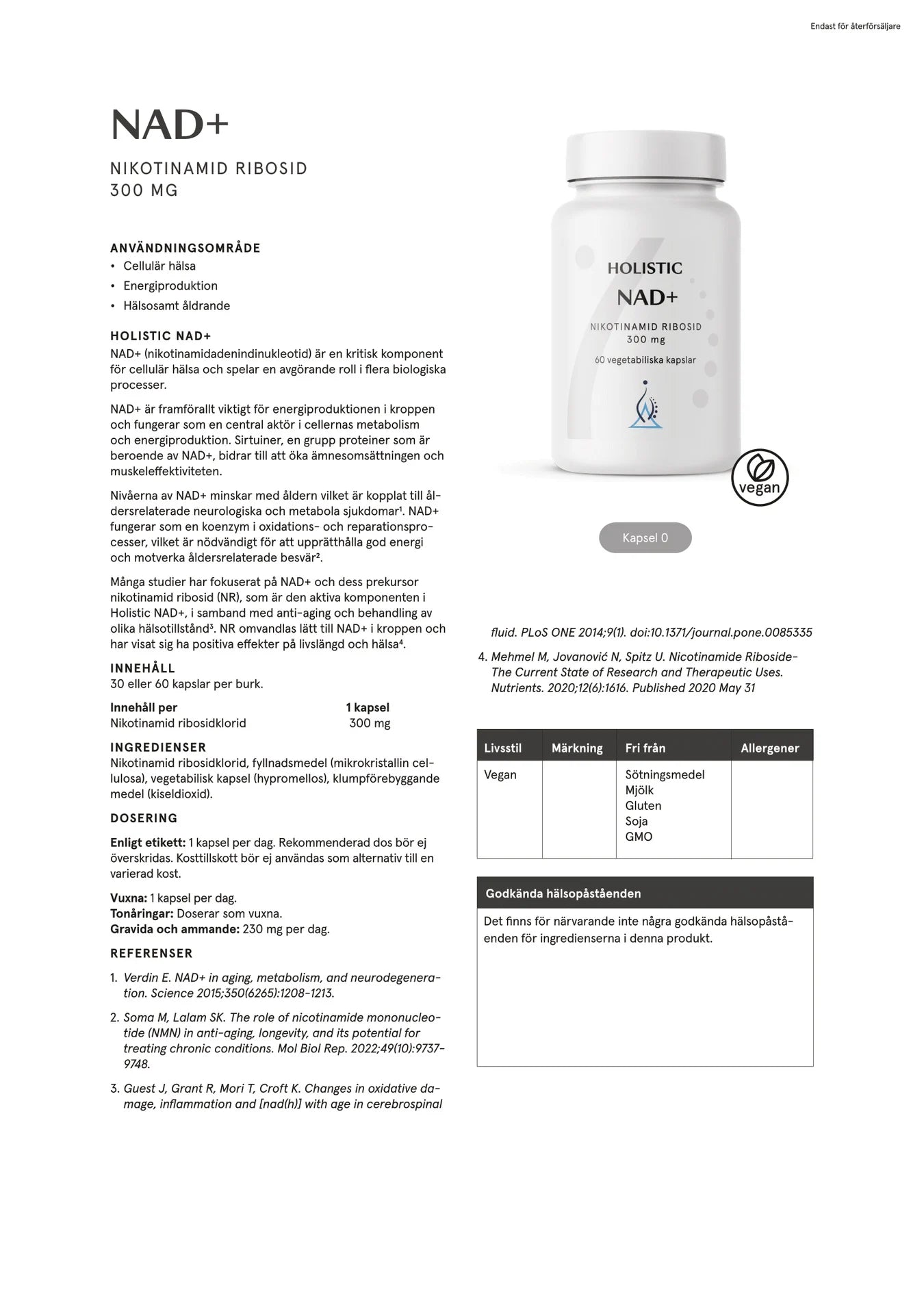 NAD+, 60 kapslar, Holistic