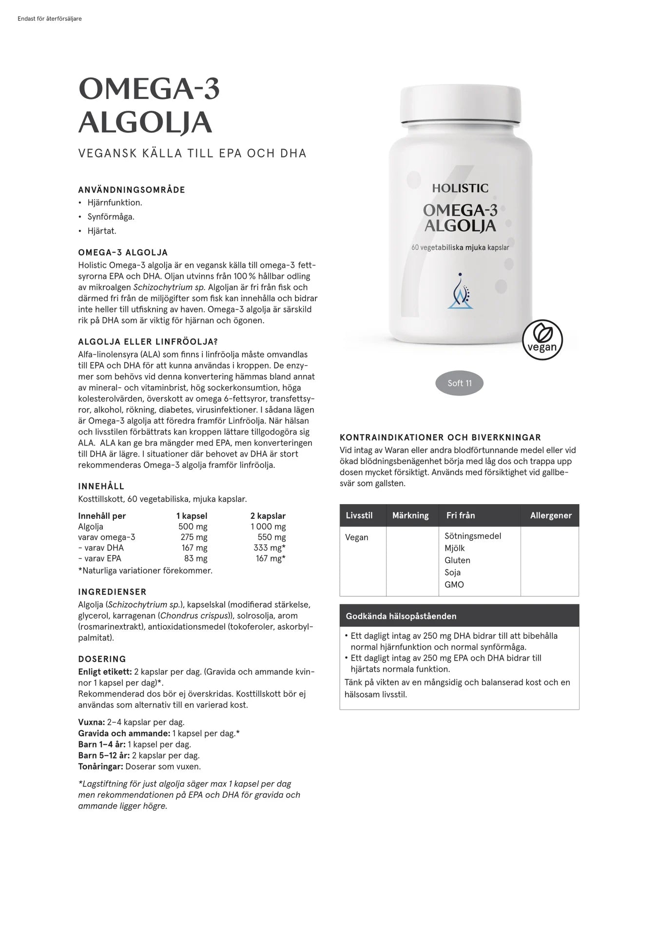 Omega-3 algolja, 60 kapslar, Holistic