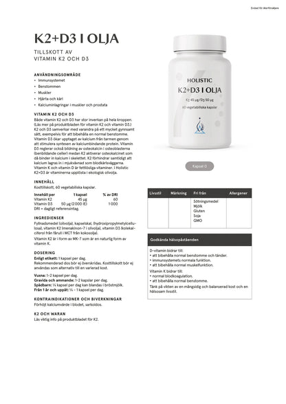 Holistic, K2+D3 i olja, 60 kapslar