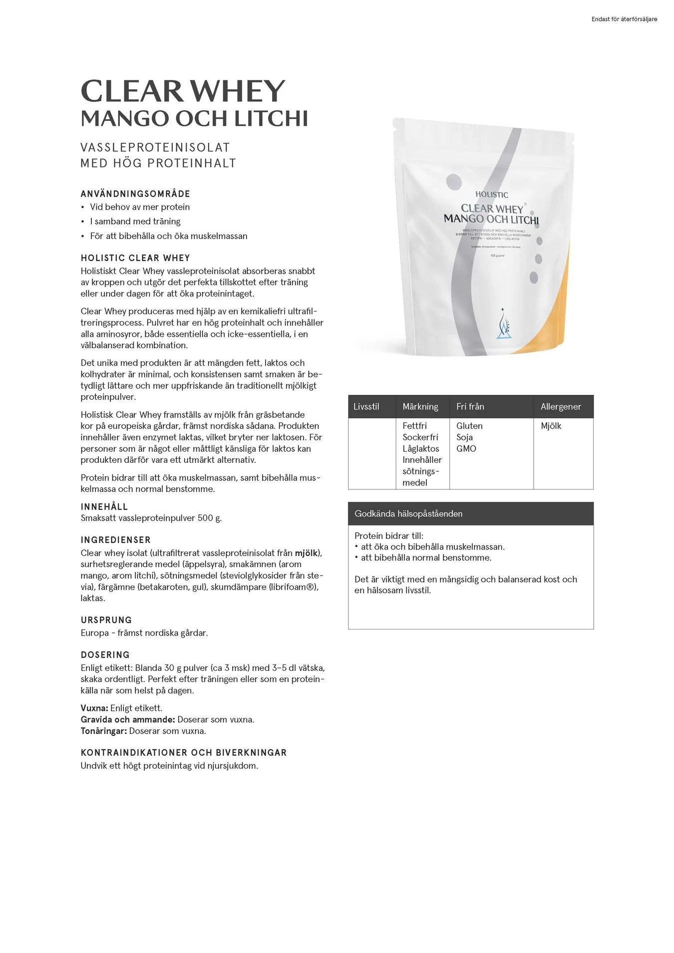 Clear Whey vassleproteinisolat mango och litchi, 500g, Holistic