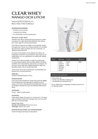Holistic, Clear Whey vassleproteinisolat mango och litchi, 500g