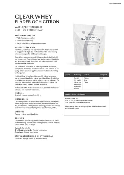 Holistic, Clear Whey vassleproteinisolat fläder och citron, 400g