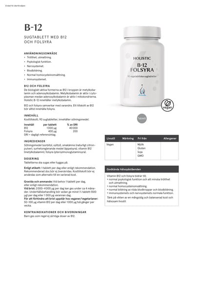 Holistic, B12 Folsyra, 90 tabletter