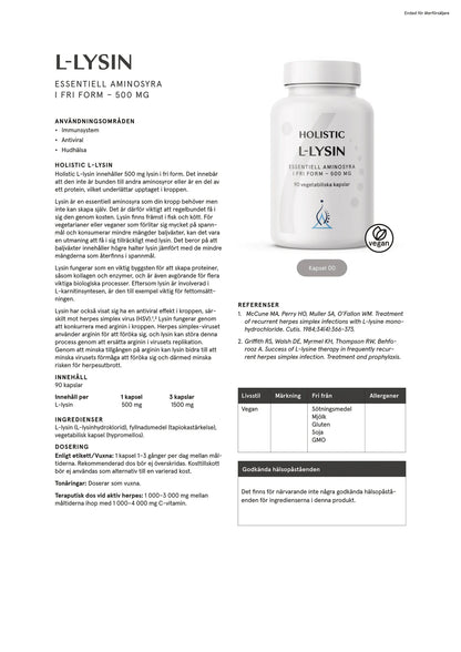 Holisticm, L-lysin 500 mg, 90 kapslar