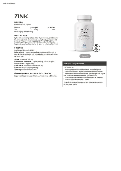 Holistic, Zink 25 mg, 90 kapslar